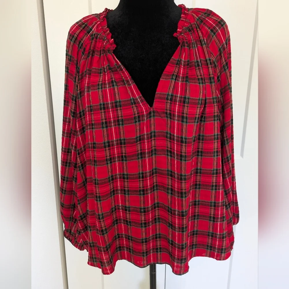 OLD NAVY Pullover Peasant Top Women 2X Red Buffalo Plaid Puff Sleeves V-neck New